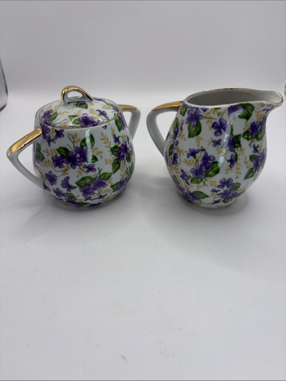 Lefton Violet Chintz Sugar and Creamer Set with Gold Trim